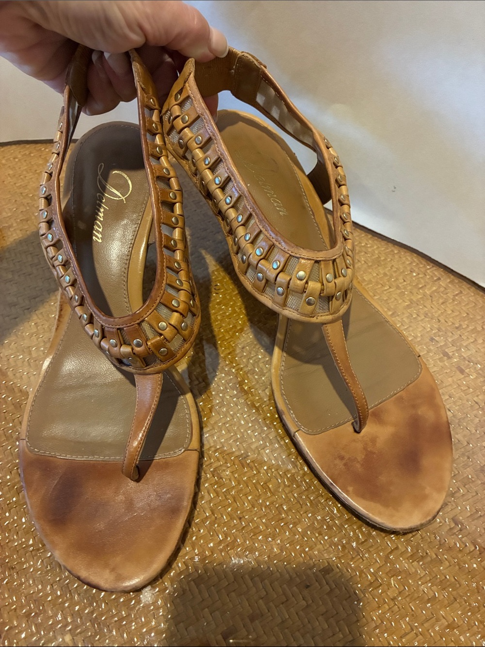 Delman gold studded woven leather kitten heel thong sandals, see thru mesh Sz8.5